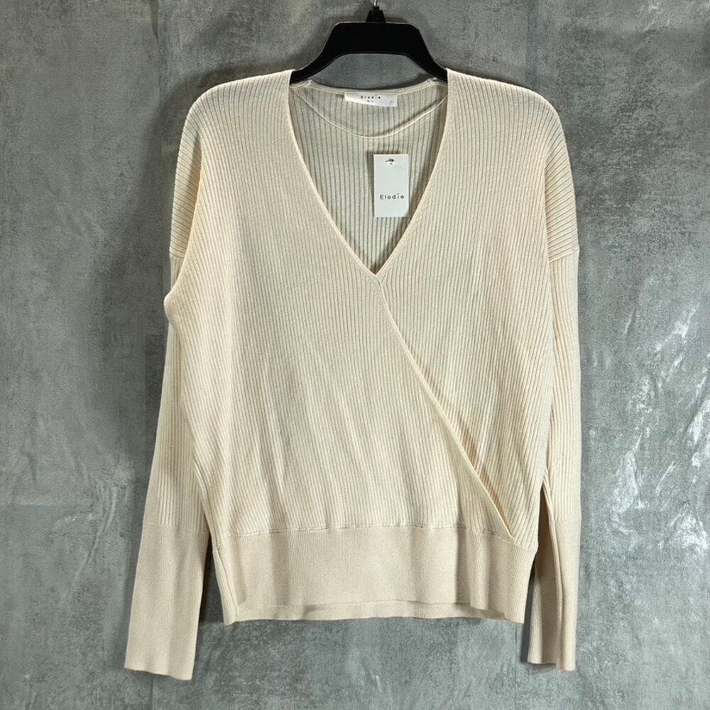 ELODIE Women's Ivory V-Neck Faux-Wrap Knit Ribbed Long Sleeve Pullover Sweater